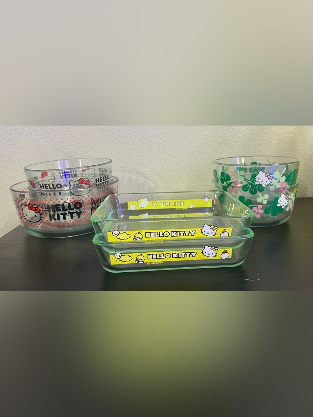 Sanrio Hello Kitty Pyrex 5 Bowls & 2 Yellow Dish Sets - Glass Pyrex